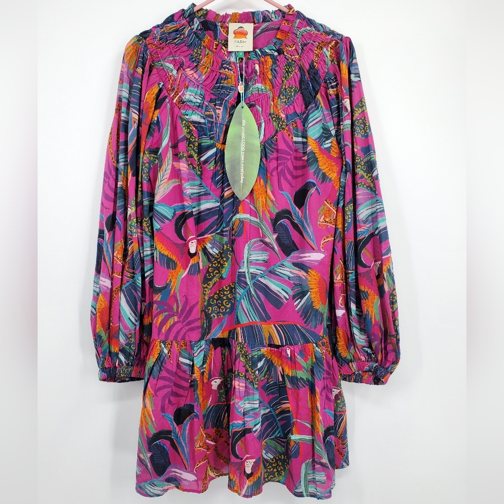 Anthropologie Farm Rio Rainbow Macaws Mini Dress Puff Sleeve Ruffle NEW - Picture 2 of 8